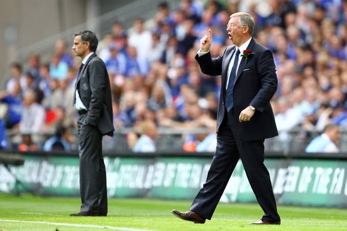 José Mourinho and Sir Alex Ferguson alongside Manchester United and Chelsea imagery, highlighting the 2013 managerial decision.